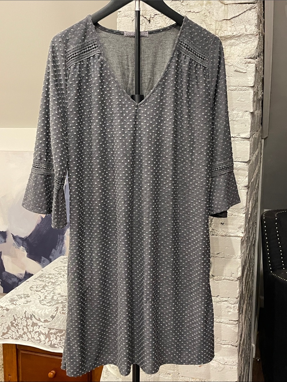 Textured Gray V-Neck Midi Dress with Crochet Trim